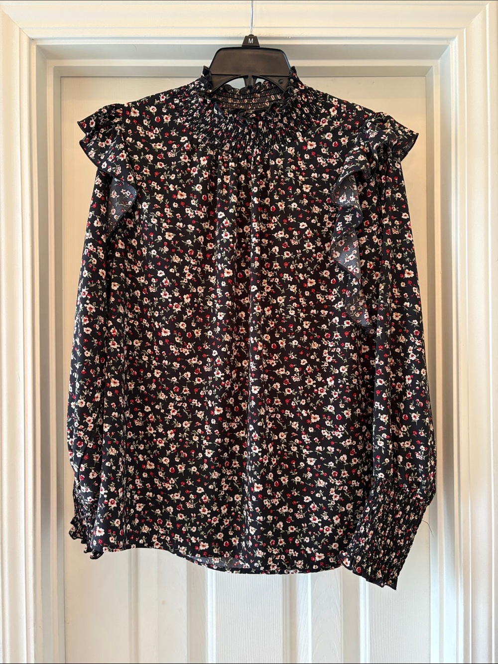 Darling Black Floral Ruffle Sleeve Smocked High-Neck Blouse Size Large